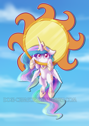 Size: 992x1403 | Tagged: safe, artist:dogi-crimson, artist:sky-railroad, princess celestia, alicorn, pony, g4, chibi, cute, cutelestia, female, hang in there, hanging, sillestia, silly, silly pony, solo, stuck, sun, tangible heavenly object, watermark