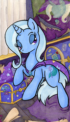 Size: 660x1151 | Tagged: safe, artist:jenkiwi, trixie, pony, unicorn, g4, cape, chest, clothes, female, lidded eyes, mare, solo, traditional art, trixie's cape