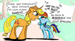 Size: 1999x1106 | Tagged: safe, artist:chopsticks, applejack, rainbow dash, earth pony, pegasus, pony, g4, argument, boop, colored, cutie mark, dialogue, diverse body types, female, hat, insult, mare, noseboop, scratches, size difference, small mare, smoldash, speech bubble, text