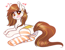Size: 1428x1110 | Tagged: safe, artist:confetticakez, oc, oc only, earth pony, pony, blushing, butt, clothes, female, heart, lying down, mare, on side, plot, simple background, socks, solo, striped socks, white background
