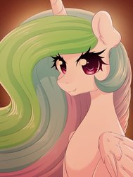 Size: 1103x1456 | Tagged: safe, artist:fluffymaiden, princess celestia, alicorn, pony, g4, cute, cutelestia, ear fluff, female, gradient background, looking at you, mare, missing accessory, simple background, smiling, solo