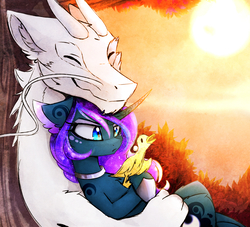 Size: 2480x2256 | Tagged: safe, artist:magnaluna, princess luna, oc, oc:zefiroth, dragon, g4, canon x oc, cuddling, curved horn, cute, duckling, eyes closed, eyeshadow, high res, horn, makeup, male, shipping, smiling, snuggling, straight, sunset, tree