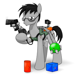 Size: 1128x1113 | Tagged: safe, artist:sandwich-anomaly, oc, oc only, oc:crossfire, earth pony, pony, blocks, gadget, glasses, gun, hoof hold, male, open mouth, simple background, solo, weapon, white background