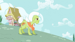 Size: 595x335 | Tagged: safe, screencap, granny smith, scootaloo, earth pony, pegasus, pony, g4, sleepless in ponyville, animated, bipedal, female, filly, gif, jumping, mare, one eye closed, scooter, wink