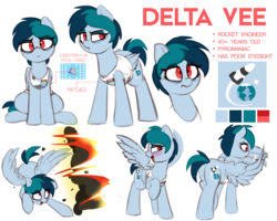 Size: 1280x1024 | Tagged: safe, artist:shinodage, oc, oc only, oc:delta vee, pegasus, pony, bags under eyes, blushing, cigarette, clothes, cutie mark, delta vee's junkyard, equestrian flag, explosion, female, mare, match, red eyes, reference sheet, rocket, simple background, smoking, solo, tanktop, white background, wing hands