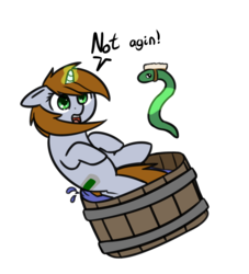 Size: 862x949 | Tagged: safe, artist:neuro, oc, oc only, oc:littlepip, pony, snake, unicorn, fallout equestria, adorable distress, barrel, brush, comic, cute, danger noodle, fanfic, fanfic art, female, floppy ears, frown, glowing horn, hooves, horn, jumping, levitation, magic, mare, open mouth, simple background, solo, teeth, telekinesis, transparent background, water, wide eyes