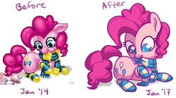 Size: 1456x808 | Tagged: safe, artist:mcponyponypony, pinkie pie, earth pony, pony, g4, clothes, draw this again, female, ice skates, improvement, scarf, simple background, socks, solo, striped socks, white background
