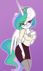 Size: 720x1177 | Tagged: safe, artist:dativyrose, princess celestia, anthro, g4, adorasexy, alternate hairstyle, blouse, breasts, cleavage, clothes, cute, female, glasses, pantyhose, pinup, purple background, sexy, simple background, skirt, solo