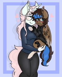 Size: 2500x3100 | Tagged: dead source, safe, artist:php172, oc, oc only, oc:pastel galaxy, oc:playthrough, pegasus, pony, unicorn, anthro, anthro with ponies, blushing, clothes, eyes closed, glasses, grumpy, high res, holding a pony, hoodie, horn, looking away, smiling, sweater, tights, turtleneck, wings