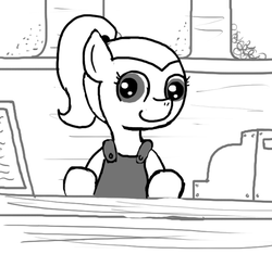 Size: 640x600 | Tagged: safe, artist:ficficponyfic, oc, oc only, earth pony, pony, colt quest, cash register, counter, cute, cyoa, female, mare, monochrome, ponytail, shelf, shop, smiling, solo, story included