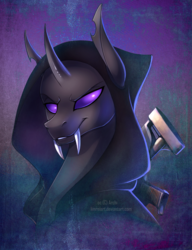 Size: 1078x1402 | Tagged: safe, artist:limreiart, oc, oc only, changeling, bust, changeling oc, gun, hood, purple changeling, solo, weapon