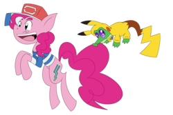 Size: 2743x1828 | Tagged: safe, artist:supercoco142, gummy, pinkie pie, alligator, earth pony, pikachu, pony, g4, ash ketchum, clothes, cosplay, costume, female, mare, pokémon, simple background, transparent background