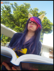 Size: 1513x2000 | Tagged: safe, artist:krazykari, twilight sparkle, human, g4, book, clothes, cosplay, costume, glasses, irl, irl human, photo, pony ears, reading, solo, wondercolts uniform