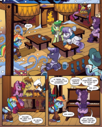 Size: 662x822 | Tagged: safe, artist:tonyfleecs, idw, jett glider, rainbow dash, runt the cloud gremlin, changeling, griffon, pegasus, pony, g4, spoiler:comic, spoiler:comicff36, bar, bomber jacket, clothes, eyepatch, fireplace, goggles, jacket, mt. overhoot outpost, musical instrument, piano, playing card, snow, unnamed character, unnamed griffon, unnamed pony