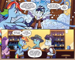 Size: 790x636 | Tagged: safe, artist:tony fleecs, idw, jett glider, rainbow dash, soarin', pony, friends forever #36, g4, my little pony: friends forever, spoiler:comic, bar, bomber jacket, cider mug, clothes, goggles, jacket, mt. overhoot outpost, mug, snow, that pony sure does love cider