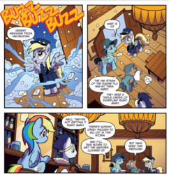 Size: 883x914 | Tagged: safe, artist:tony fleecs, idw, derpy hooves, jett glider, rainbow dash, soarin', split flap, pegasus, pony, friends forever #36, g4, my little pony: friends forever, spoiler:comic, bomber jacket, clothes, female, jacket, letter, mailmare, mare, mt. overhoot outpost, orderly flight, snow, uniform