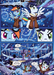 Size: 590x821 | Tagged: safe, artist:tony fleecs, idw, rainbow dash, soarin', pony, friends forever #36, g4, my little pony: friends forever, spoiler:comic, bomber jacket, clothes, flying, goggles, jacket, mt. overhoot outpost, snow, spread wings
