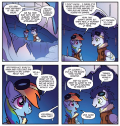 Size: 870x914 | Tagged: safe, artist:tony fleecs, idw, rainbow dash, soarin', pony, friends forever #36, g4, my little pony: friends forever, spoiler:comic, bomber jacket, cave, clothes, goggles, jacket, snow