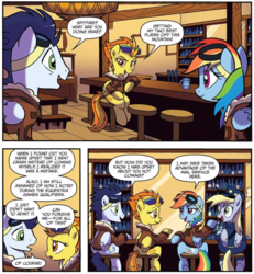 Size: 864x936 | Tagged: safe, artist:tony fleecs, idw, derpy hooves, rainbow dash, soarin', spitfire, pegasus, pony, friends forever #36, g4, my little pony: friends forever, spoiler:comic, bar, bomber jacket, cider dash, clothes, female, forgiveness, goggles, jacket, mailmare, mare, mt. overhoot outpost, sunglasses, uniform