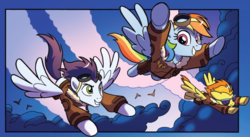 Size: 1359x747 | Tagged: safe, artist:tony fleecs, idw, rainbow dash, soarin', spitfire, pony, friends forever #36, g4, my little pony: friends forever, spoiler:comic, bomber jacket, clothes, cropped, flying, jacket, sunglasses