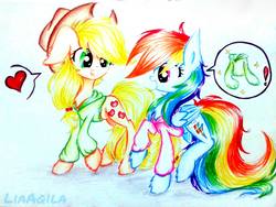 Size: 2016x1512 | Tagged: safe, artist:liaaqila, applejack, rainbow dash, g4, bottomless, clothes, cute, dashabetes, female, hnnng, hoodie, jackabetes, lesbian, looking at each other, partial nudity, ship:appledash, shipping, traditional art