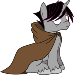 Size: 1135x1149 | Tagged: safe, artist:lightningbolt, derpibooru exclusive, idw, shadow lock, pony, unicorn, g4, spoiler:comic, spoiler:comic51, spoiler:comic52, spoiler:comic53, .svg available, blank eyes, cape, cloak, clothes, frown, glowing eyes, hair over one eye, hood, idw showified, lidded eyes, male, no pupils, scar, show accurate, simple background, sitting, solo, stallion, svg, transparent background, unamused, unshorn fetlocks, vector