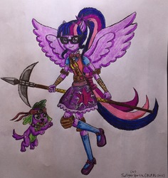 Size: 2269x2407 | Tagged: safe, artist:bozzerkazooers, sci-twi, spike, spike the regular dog, twilight sparkle, dog, equestria girls, g4, clothes, glasses, high res, ninja, open mouth, ponied up, sci-twilicorn, traditional art, weapon, winged humanization, wings
