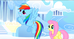 Size: 1360x730 | Tagged: safe, screencap, fluttershy, rainbow dash, pony, g4, sonic rainboom (episode), cloudsdale, flying, panic