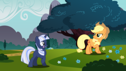 Size: 1600x900 | Tagged: safe, artist:steampunk-brony, applejack, oc, oc:silverlay, earth pony, original species, pony, umbra pony, unicorn, g4, blushing, female, mare, raised hoof, tree, vector