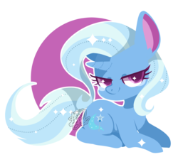 Size: 1582x1400 | Tagged: safe, artist:snow angel, trixie, pony, unicorn, g4, chibi, cute, diatrixes, female, lidded eyes, mare, prone, simple background, smiling, solo, transparent background, watermark