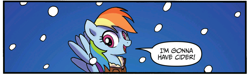 Size: 1280x405 | Tagged: safe, artist:tonyfleecs, idw, rainbow dash, g4, spoiler:comic, spoiler:comicff36, cider, clothes, cropped, cute, female, jacket, looking at you, open mouth, smiling, snow, snowfall, solo, spread wings, that pony sure does love cider