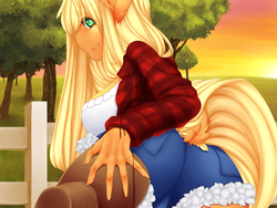 Size: 1600x1200 | Tagged: safe, artist:tolsticot, applejack, earth pony, anthro, g4, applebutt, applejack's hat, ass, butt, clothes, cowboy hat, daisy dukes, dock, dusk, female, hat, looking back, mare, shorts, solo, stupid sexy applejack, sunset, the ass was fat, twilight (astronomy)