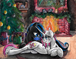 Size: 6592x5088 | Tagged: safe, artist:pepperscratch, oc, oc only, oc:blue moon, oc:peppermint crush, pegasus, pony, unicorn, absurd resolution, christmas tree, female, fireplace, male, mare, present, prone, stallion, traditional art, tree