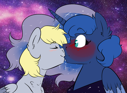 Size: 981x718 | Tagged: safe, artist:soft-arthropod, derpy hooves, princess luna, alicorn, pegasus, pony, g4, blushing, derpyluna daily, duo, female, kiss on the lips, kissing, lesbian, mare, ship:lunaderp, shipping, space