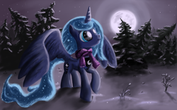 Size: 3840x2400 | Tagged: safe, artist:battyboopers, artist:staremastershy, princess luna, g4, clothes, eye reflection, female, forest, high res, moon, night, scarf, snow, solo, spread wings, winter
