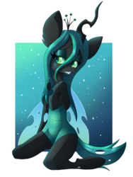 Size: 1200x1600 | Tagged: safe, artist:blazemizu, queen chrysalis, changeling, changeling queen, semi-anthro, g4, arm hooves, female, grin, kneeling, smiling, solo