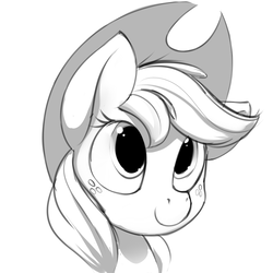 Size: 1280x1280 | Tagged: safe, artist:dimfann, applejack, g4, bust, female, grayscale, monochrome, portrait, simple background, smiling, solo, white background