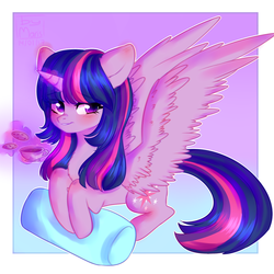 Size: 1024x1024 | Tagged: safe, artist:marisdoodles, twilight sparkle, alicorn, pony, g4, blushing, female, magic, pillow, prone, smiling, solo, spread wings, teacup, telekinesis, twilight sparkle (alicorn)