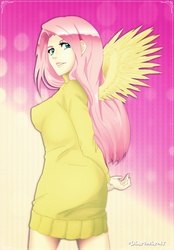 Size: 1904x2739 | Tagged: safe, artist:lilapudelpony, fluttershy, human, g4, abstract background, anime style, clothes, female, hands behind back, humanized, looking at you, sexy, solo, sweater, sweatershy, winged humanization, wings