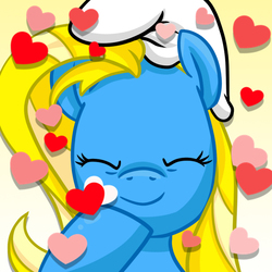Size: 625x625 | Tagged: safe, oc, oc only, oc:twinkiepie, earth pony, pony, crossover, female, hat, heart, mare, smurf hat, smurfette, solo