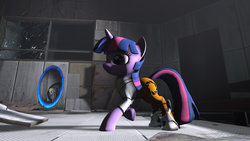 Size: 1024x576 | Tagged: safe, artist:vinuldash, derpy hooves, twilight sparkle, pegasus, pony, g4, 3d, crossover, female, mare, portal, portal (valve)