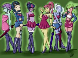 Size: 2200x1650 | Tagged: safe, artist:bastianmage, indigo zap, lemon zest, sci-twi, sour sweet, sugarcoat, sunny flare, twilight sparkle, human, equestria girls, g4, my little pony equestria girls: friendship games, bandeau, belly button, blushing, boots, breasts, cleavage, clothes, crystal prep shadowbolts, dress, female, glasses, goggles, high heel boots, high heels, latex, latex dress, midriff, miniskirt, pigtails, ponytail, race queen, shadow six, shoes, skirt, socks, stiletto heels, thigh boots, thigh highs, twintails, umbrella