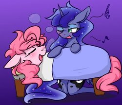 Size: 370x320 | Tagged: safe, artist:azurepicker, pinkie pie, princess luna, g4, bed, both cutie marks, duo, gradient background, lullaby, snot bubble, weird leg anatomy