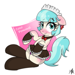 Size: 1000x1000 | Tagged: safe, artist:doriponi, artist:yorozpony, coco pommel, earth pony, pony, g4, blushing, clothes, female, maid, mare, panties, simple background, solo, underwear, white background