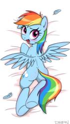 Size: 1280x2272 | Tagged: safe, artist:doriponi, artist:yorozpony, rainbow dash, pegasus, pony, g4, blushing, body pillow, body pillow design, butt, embarrassed, feather, female, looking at you, looking back, mare, open mouth, plot, prone, rainbutt dash, solo, sploot