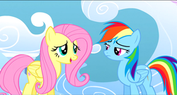 Size: 1360x736 | Tagged: safe, screencap, fluttershy, rainbow dash, pony, g4, sonic rainboom (episode), cloud, unamused