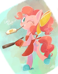 Size: 837x1063 | Tagged: safe, artist:sibashen, pinkie pie, earth pony, pony, g4, apron, bipedal, blushing, bow, clothes, dialogue, egg (food), female, food, frying pan, hair bow, looking at you, music notes, one eye closed, slippers, smiling, solo, spatula, wink