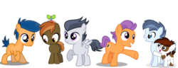 Size: 2038x780 | Tagged: safe, button mash, first base, pipsqueak, rumble, shady daze, tender taps, earth pony, pegasus, pony, g4, colt, male, simple background, transparent background, vector