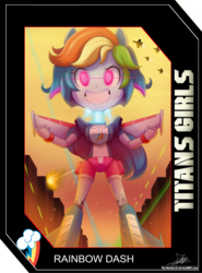 Size: 2025x2737 | Tagged: safe, artist:the-butch-x, part of a set, rainbow dash, robot, equestria girls, g4, card, destruction, female, giantess, grin, high res, macro, mecha, signature, smiling, solo, titans girls, transformerfied, transformers