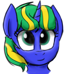 Size: 1429x1609 | Tagged: safe, artist:pucksterv, oc, oc only, oc:treble sketch, pony, unicorn, bust, front view, looking up, present, smiling, solo